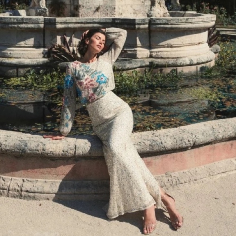 Mac Duggal Long Sleeve Floral Sequin Dress - Cream and Blue